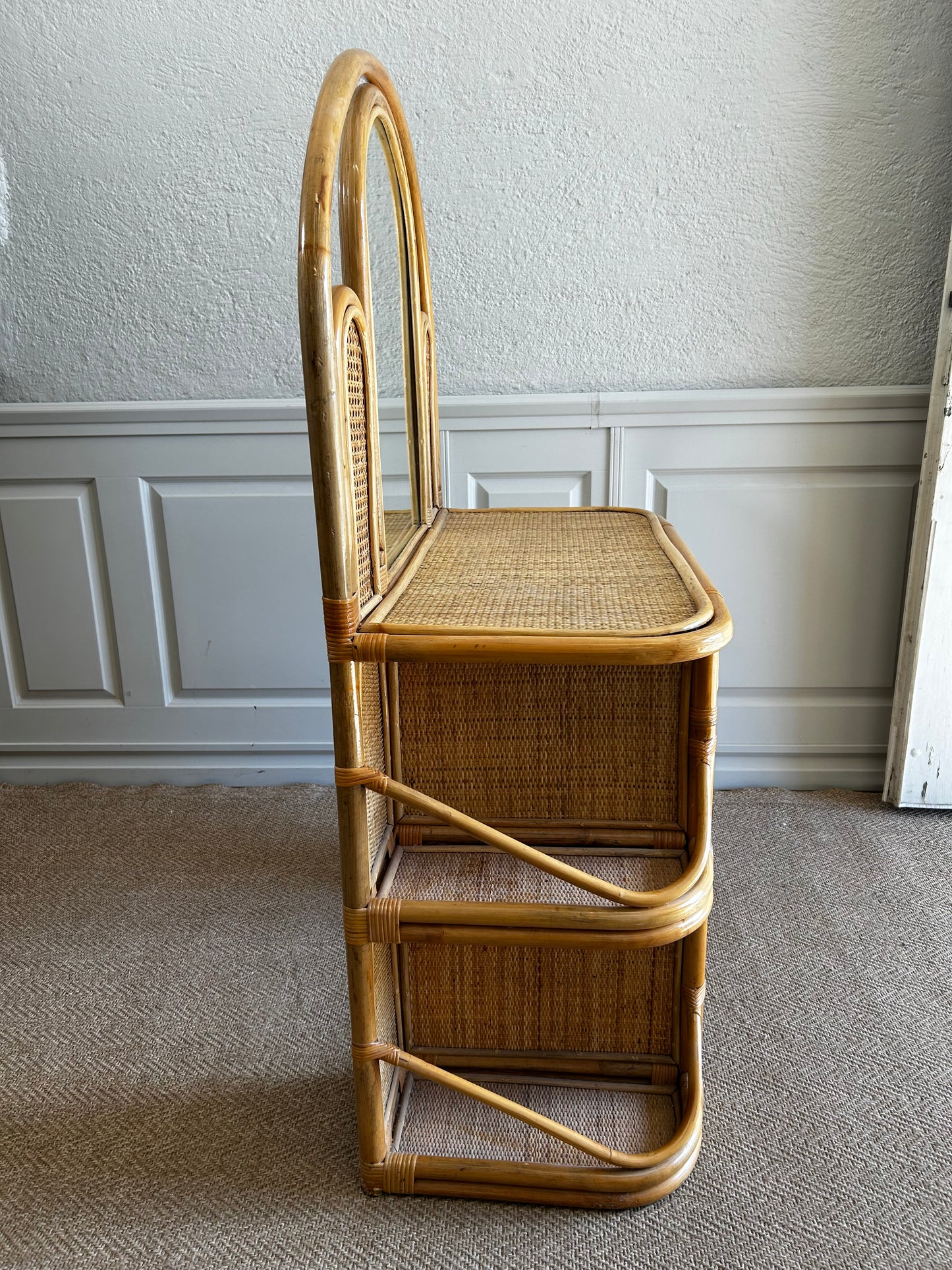 Bamboo and Rattan Vanity / Dressing Table with Drawer and Mirror, 1970's Mid-century Modern