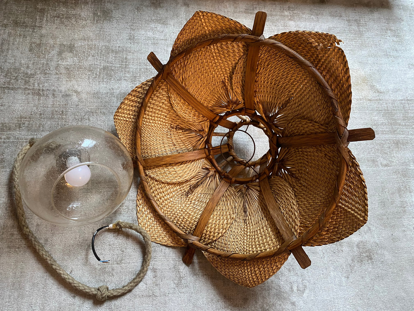 Woven Raffia Fan Pendant Lamp with Glass Shade, Germany, 1950s - possibly Ingo Maurer!