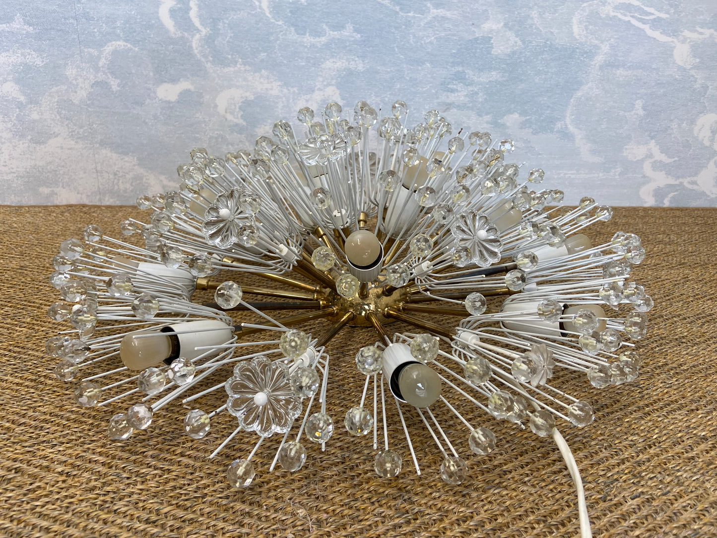 XL Stejnar Flush Mount Dandelion / Snowball Ceiling or Wall Light with Cut-Glass Crystals, Austria 1960s