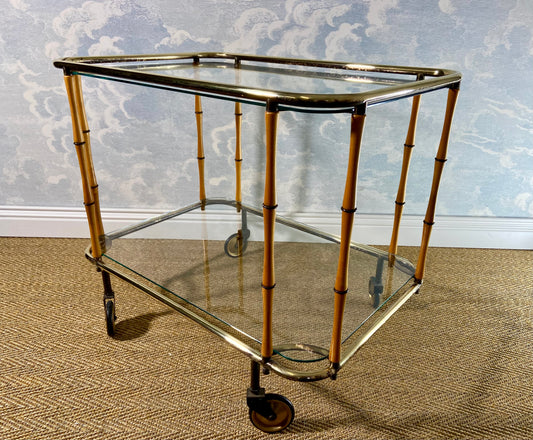 Bamboo Cocktail Trolley Bar Cart Attr. Maison Jansen, Vintage 60s Boho Midcentury Dry Bar