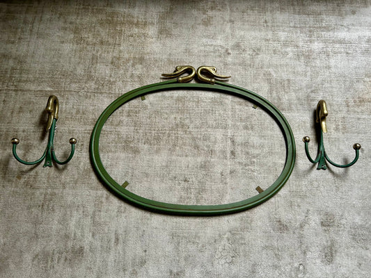Rare Set of Swan Neck Coat Hooks with Mirror Frame Attr. Maison Jansen, France, 1950s