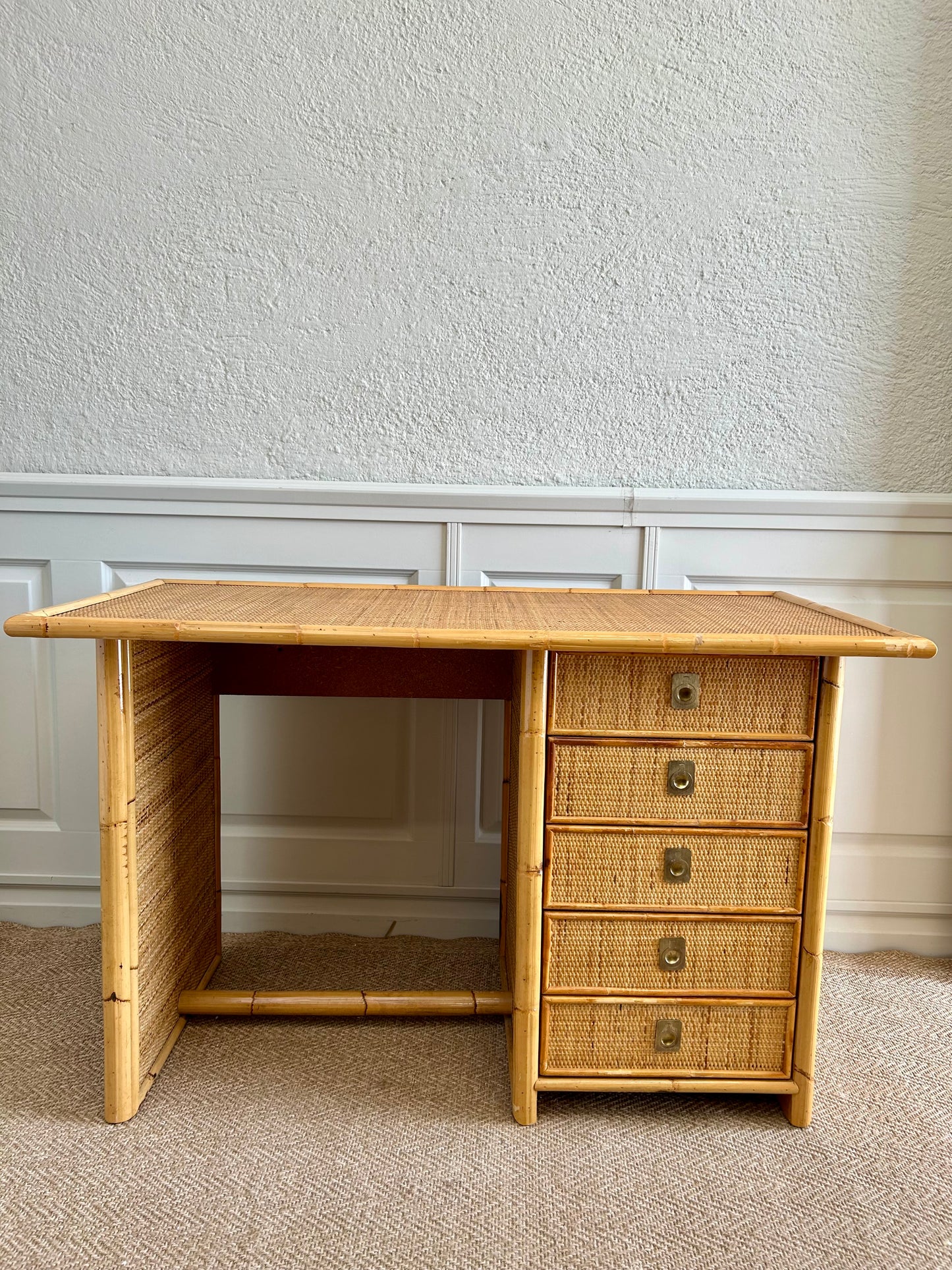 Bamboo & Rattan Wicker Desk with 5 Drawers by Dal Vera, Italy, 1970's