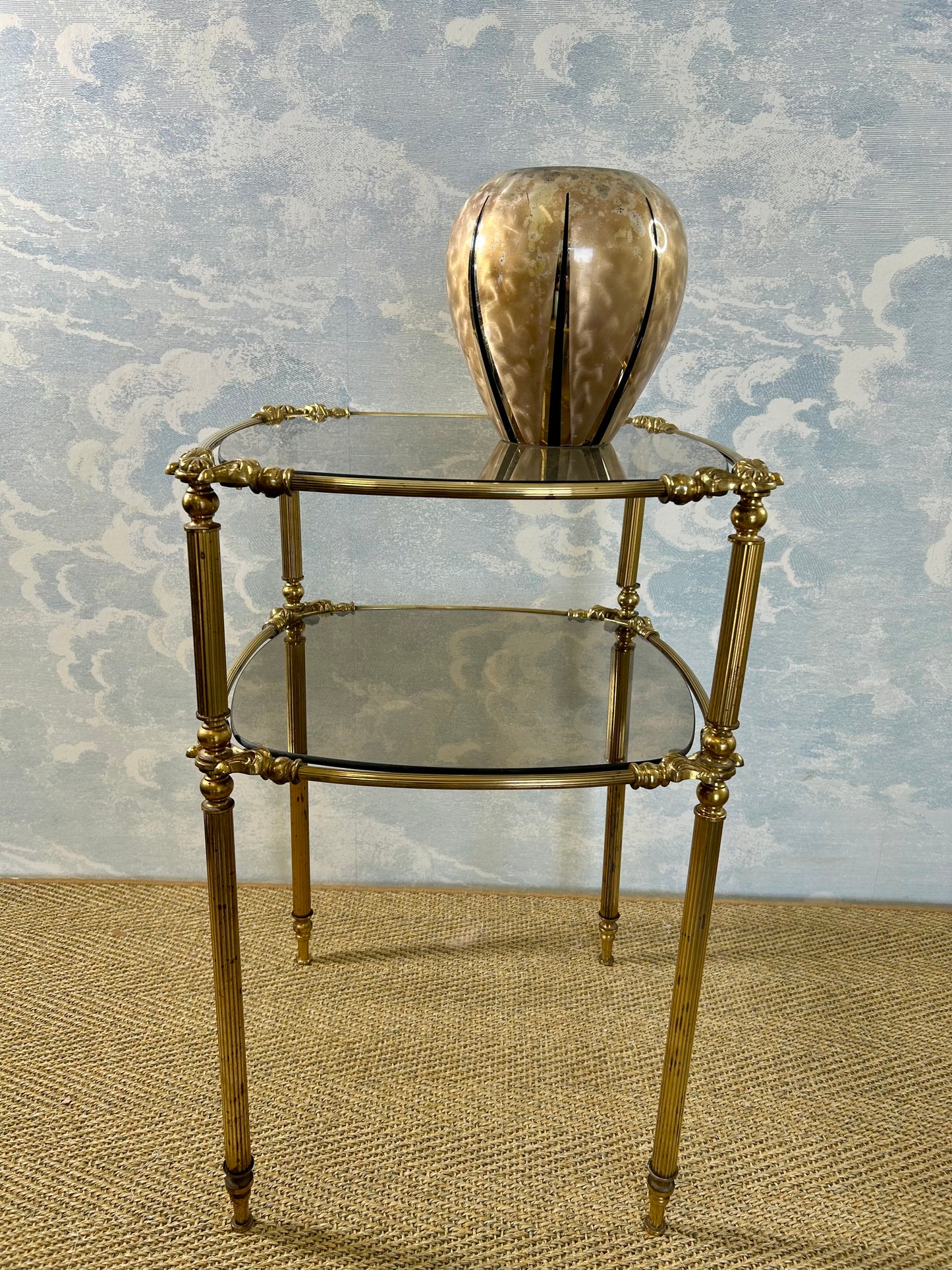 Two-Tiered Side Table with Smoked Glass Top, Hollywood Regency