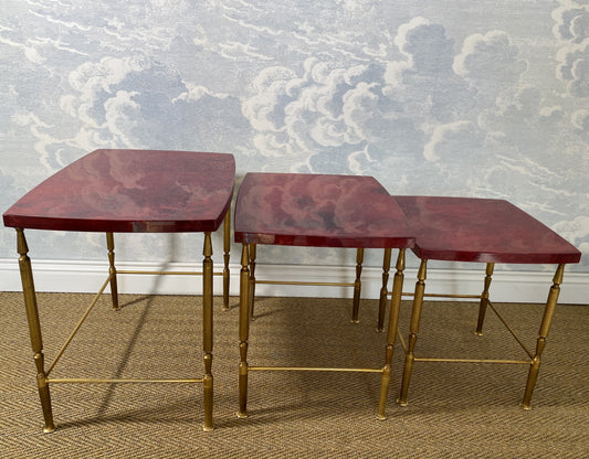 Set of 3 Red Aldo Tura Nesting Tables, Italy 1960s