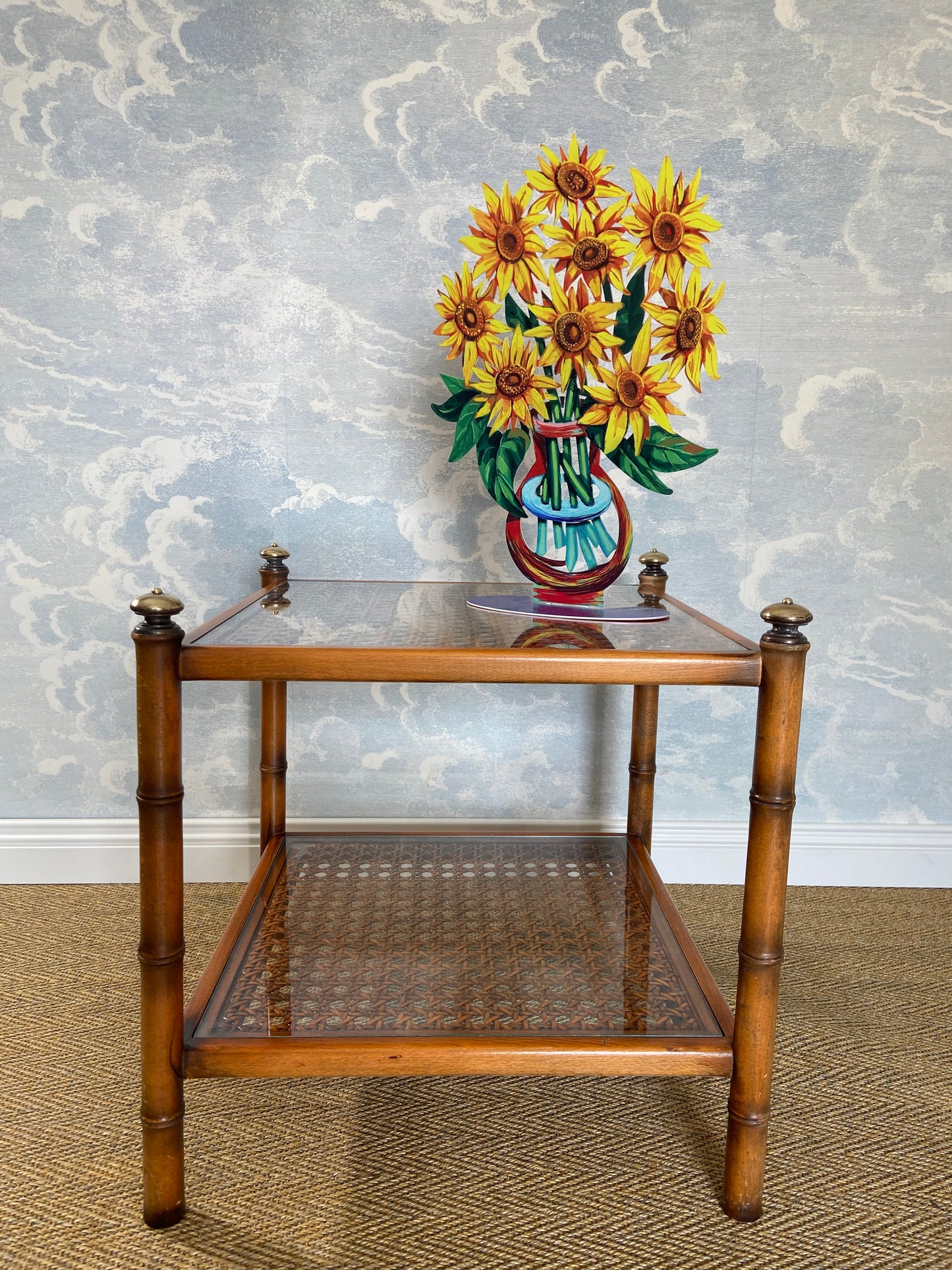 Faux Bamboo Side Table with Viennese Braiding and Glass Tops, Austria, 1960s