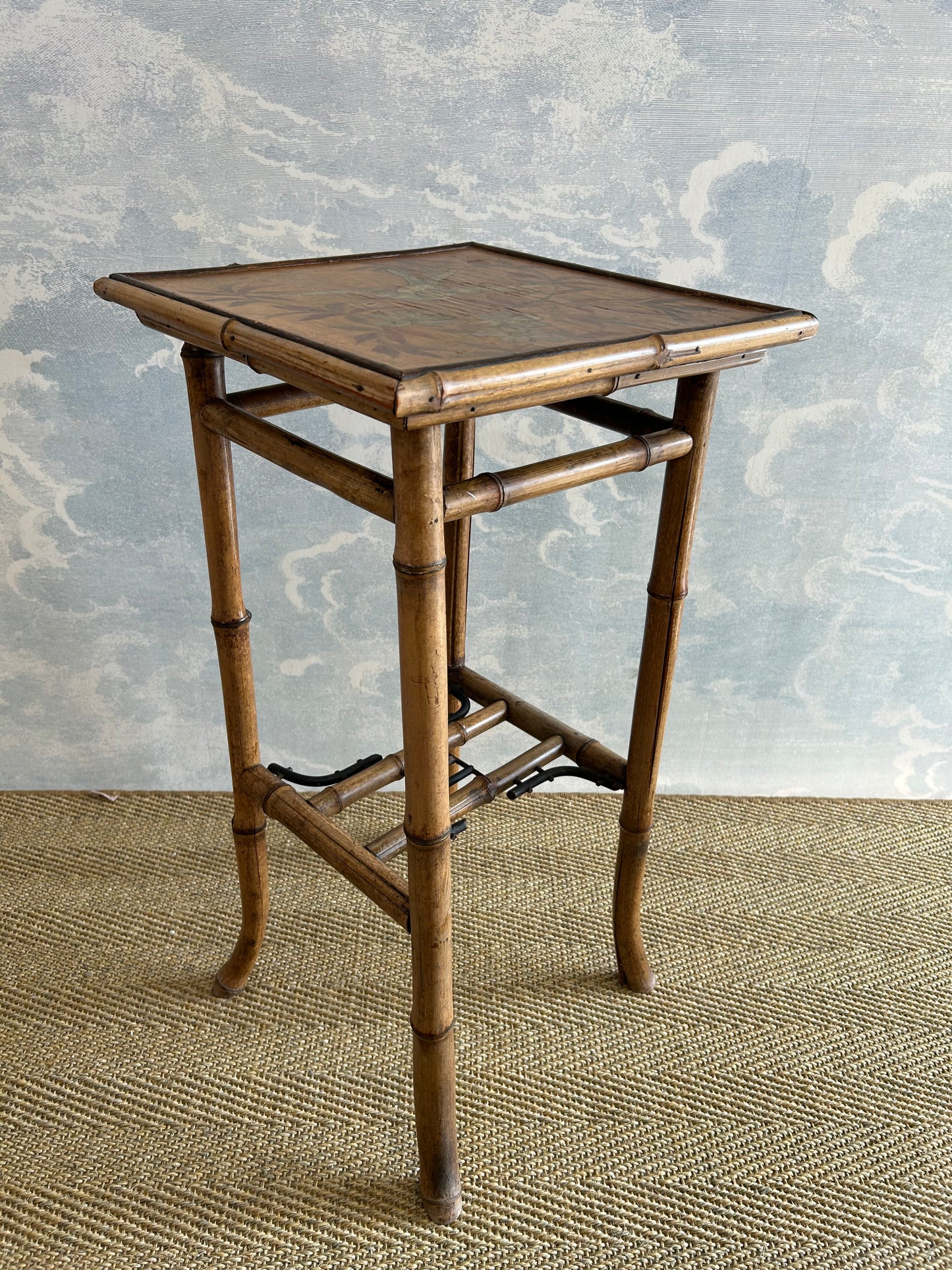 Bamboo Pedestal Table with Hand Painted Bird And Flower Motif, France, 19th Century