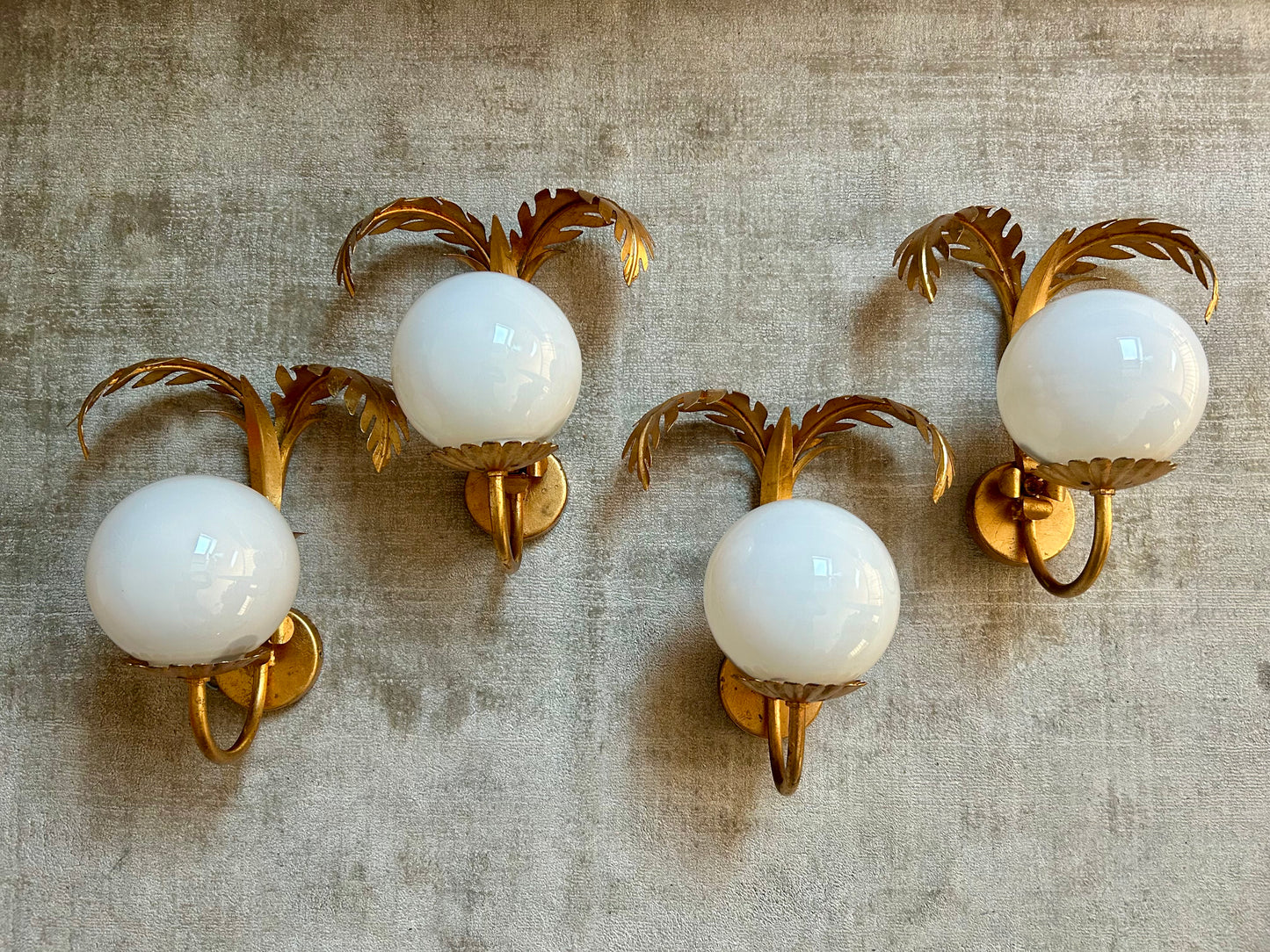 Pair of Hollywood Regency Palm Leaf Sconces with Opaque Globes by Hans Kögl, Germany, 1970s