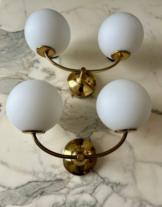 Pair of Wall Lights by Temde, Glass Globes on Brass Frame, Model 1804, Switzerland 1960's