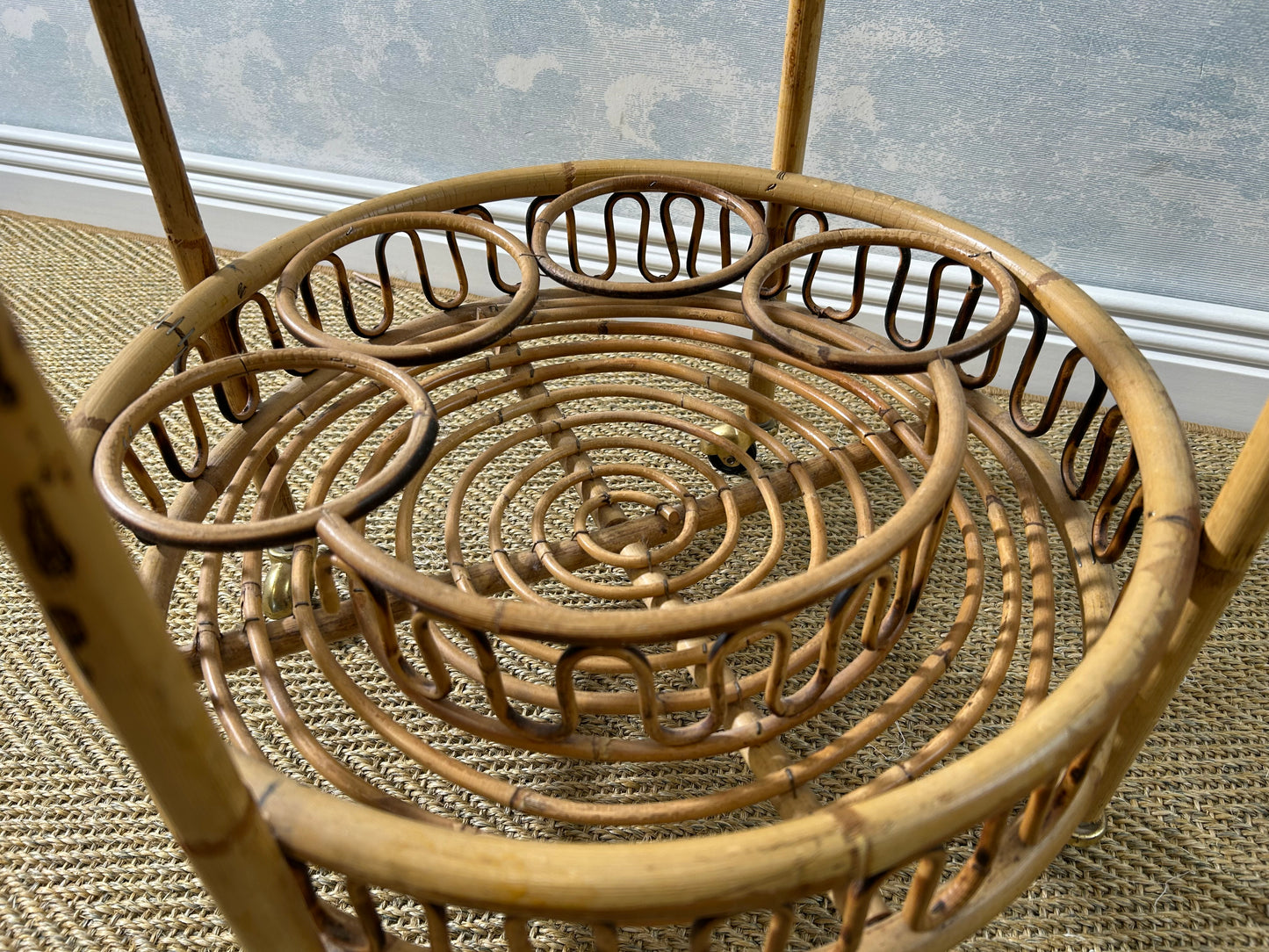 Round Bamboo Bar Cart in the Style of Franco Albini, Vintage 60s French Riviera