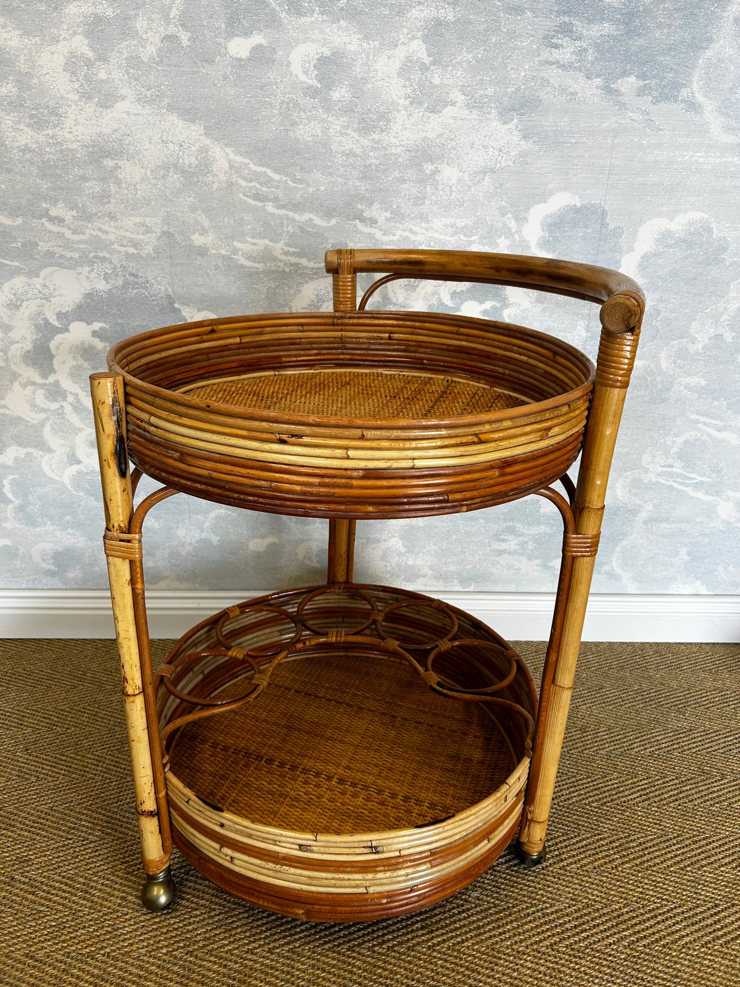2-Tiered Round Bamboo Bar Cart in the Style of Vivai del Sud, Italy, 1960's