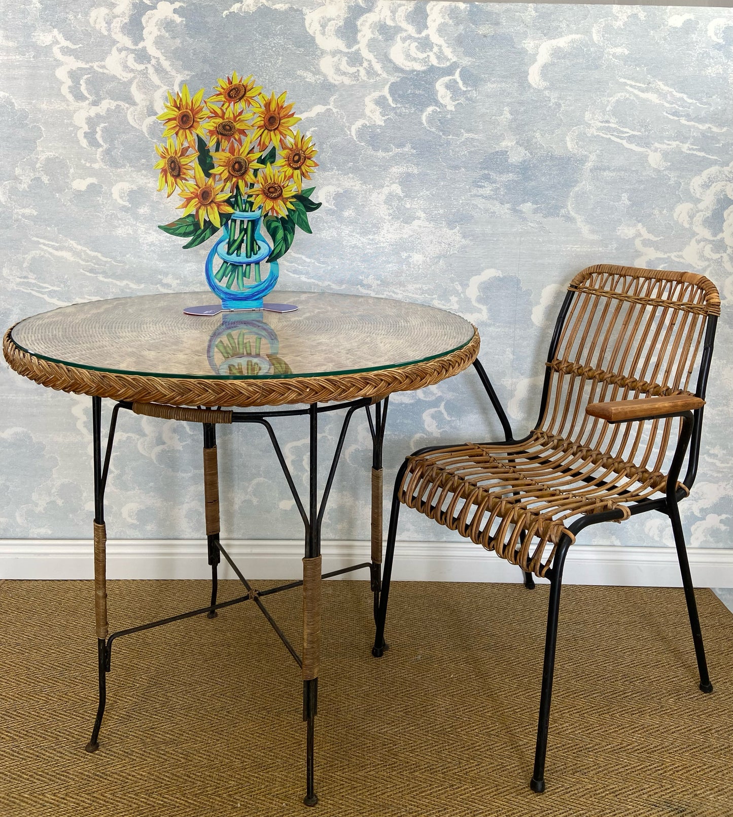 Art Deco Wicker Table with Glass Top, Germany, ca. 1920