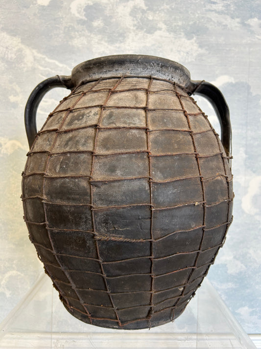 Artisan Clay Amphora With Wire Mesh, Romania, Circa 1950