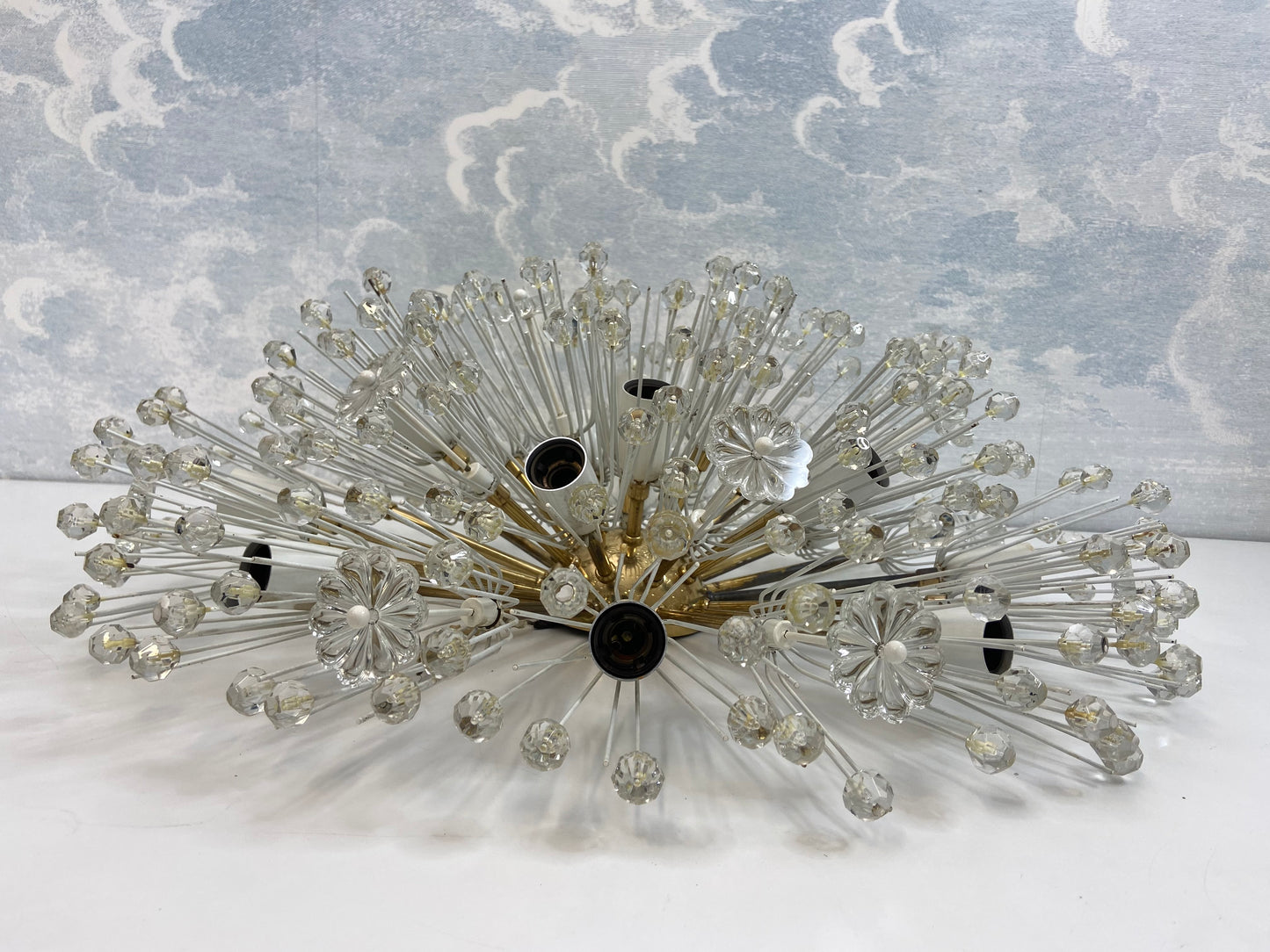 XL Stejnar Flush Mount Dandelion / Snowball Ceiling or Wall Light with Cut-Glass Crystals, Austria 1960s