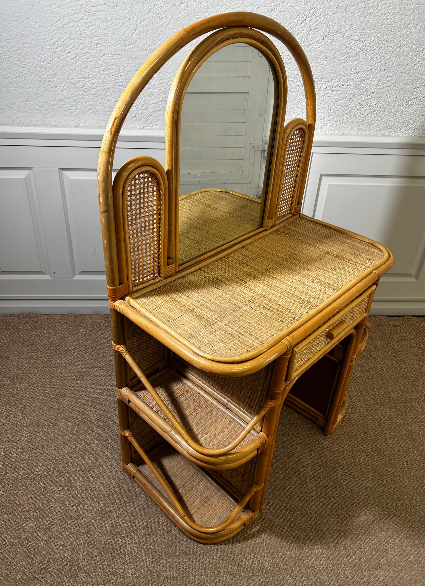 Bamboo and Rattan Vanity / Dressing Table with Drawer and Mirror, 1970's Mid-century Modern