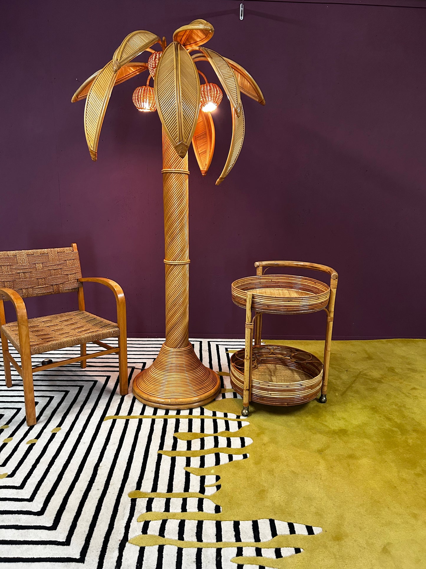 Very Large Bamboo and Rattan Palm Tree Floor Lamp, Mid-Century Modern