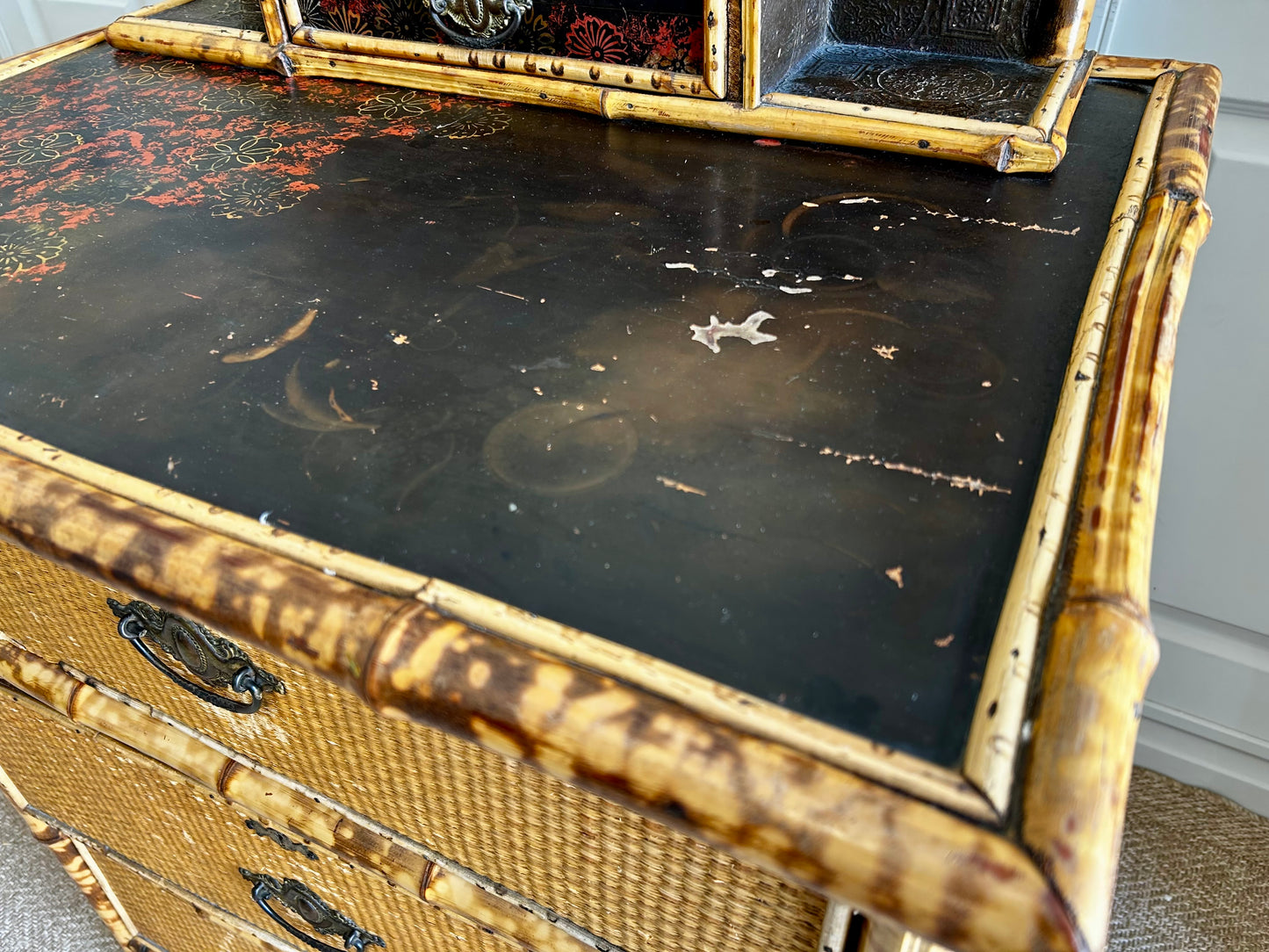 Victorian Tiger Bamboo, Cane & Chinoiserie Dressing Table With Drawers, England 1880's, Aesthetic Movement
