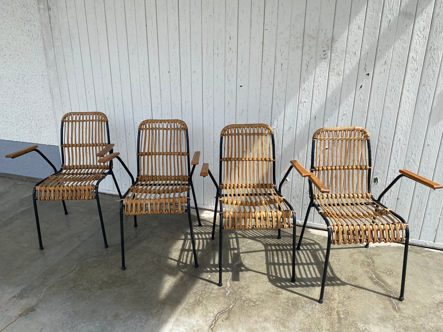 Set of 4 Vintage Rattan Bamboo Chairs, by Schumacher, Belgium 1950s