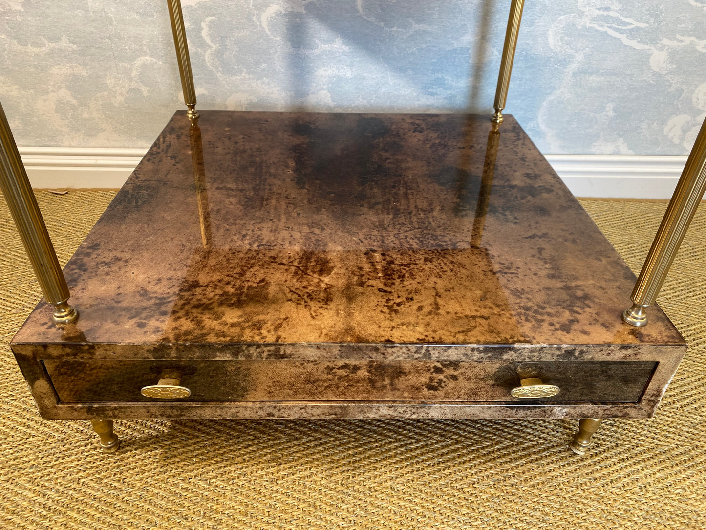 Aldo Tura Side Table in Hazel Brown Tones with Brass Legs and Bottom Drawer