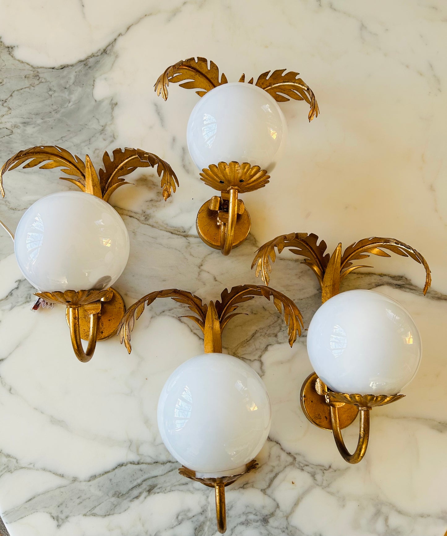 Pair of Hollywood Regency Palm Leaf Sconces with Opaque Globes by Hans Kögl, Germany, 1970s