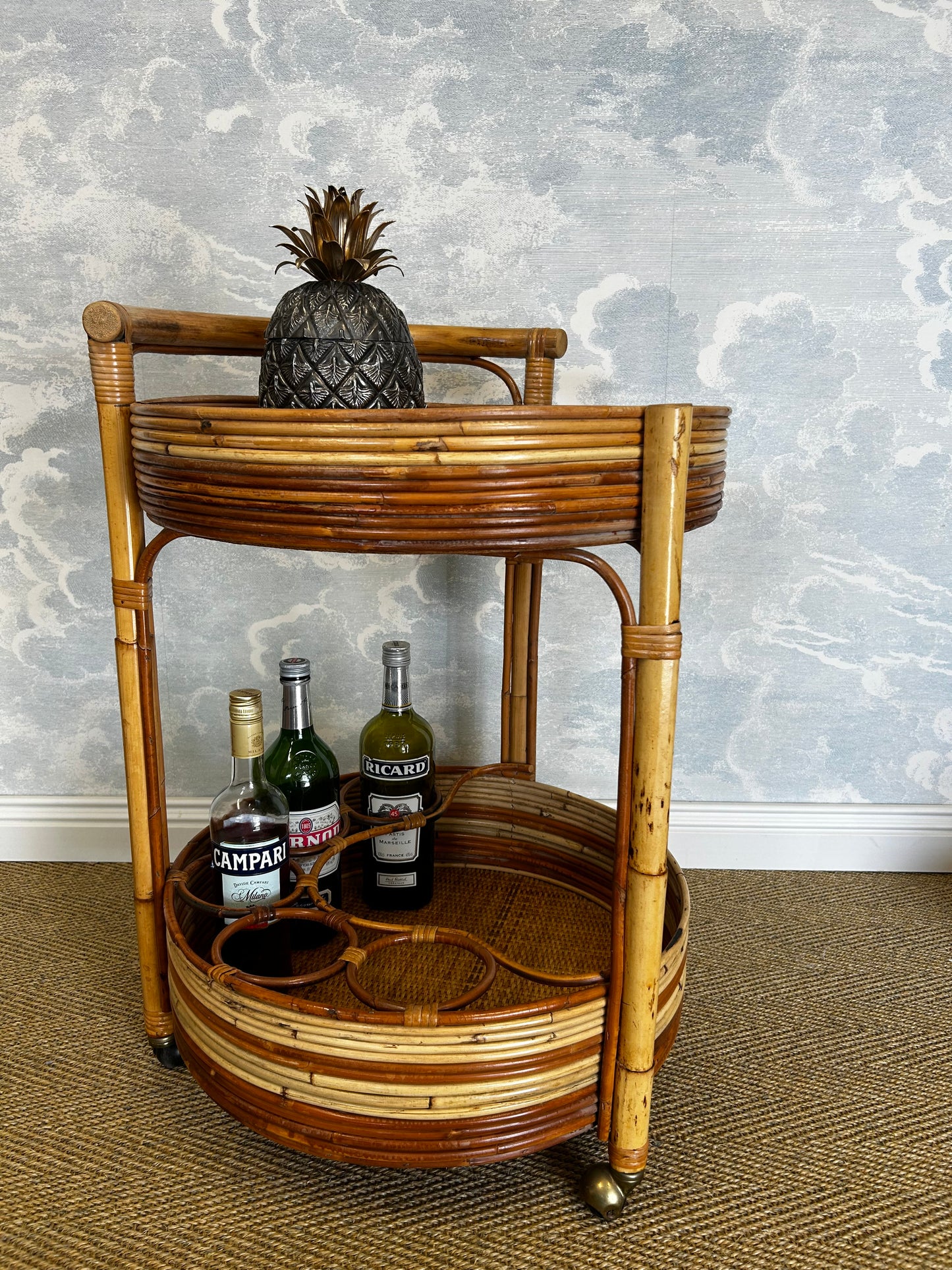 2-Tiered Round Bamboo Bar Cart in the Style of Vivai del Sud, Italy, 1960's