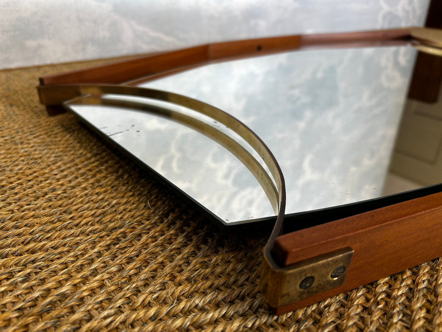 Wall Mirror with Brass Detail and Leather Mounting, Vetreria Andreini, Ravenna, Italy, 1950's