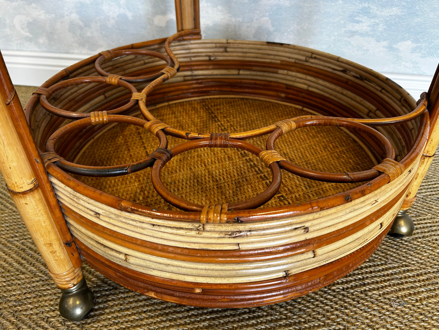 2-Tiered Round Bamboo Bar Cart in the Style of Vivai del Sud, Italy, 1960's