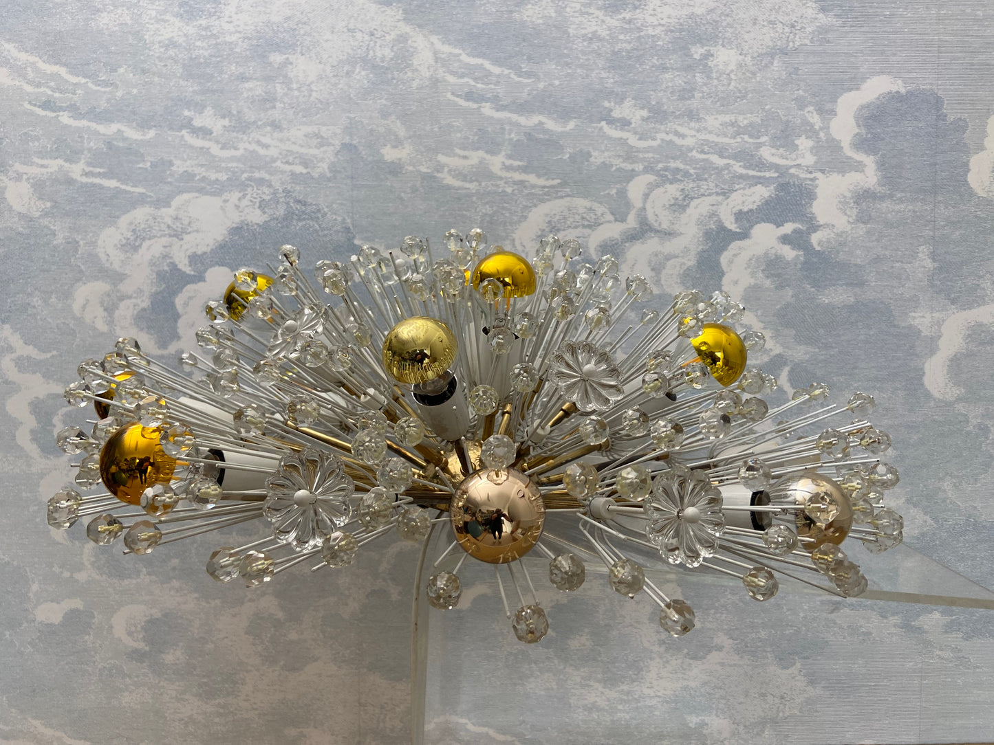 XL Stejnar Flush Mount Dandelion / Snowball Ceiling or Wall Light with Cut-Glass Crystals, Austria 1960s