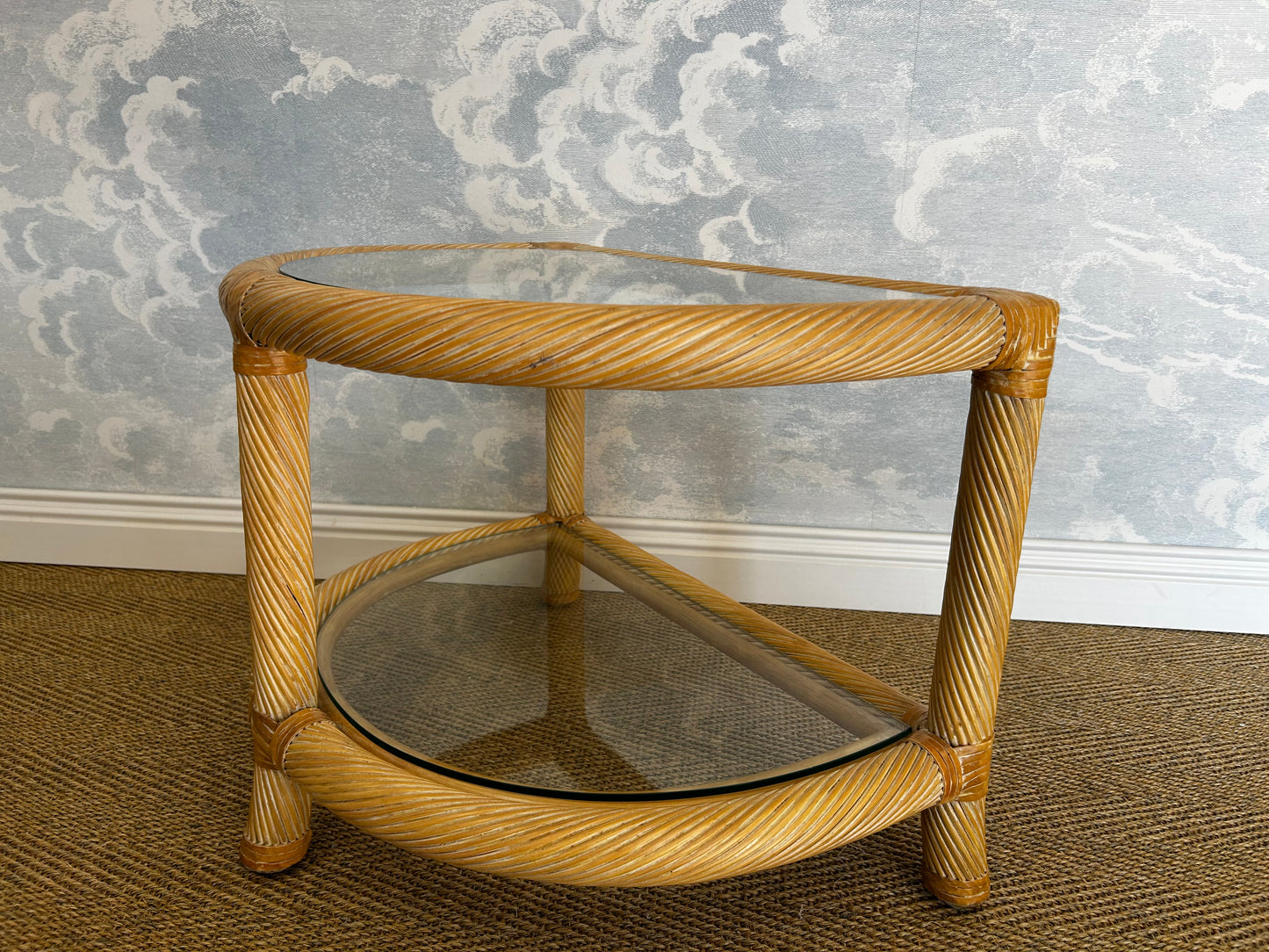 Two-Tiered Twisted Rattan Accent Table With Glass Shelves, 1970's
