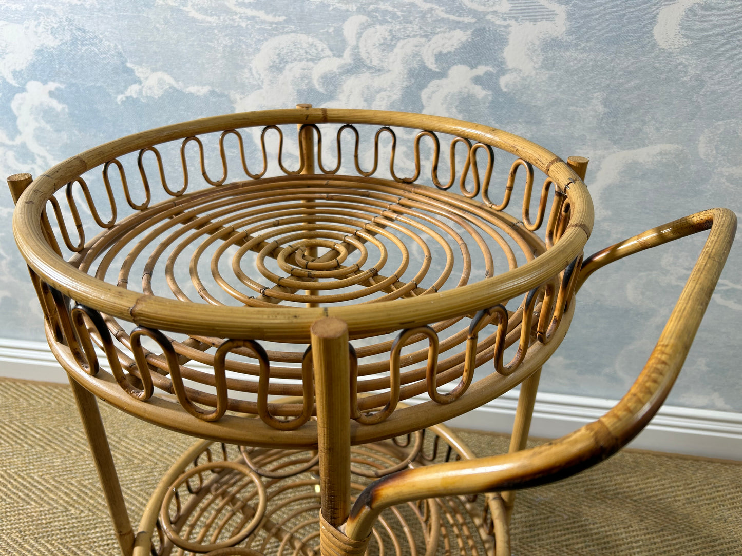 Round Bamboo Bar Cart in the Style of Franco Albini, Vintage 60s French Riviera