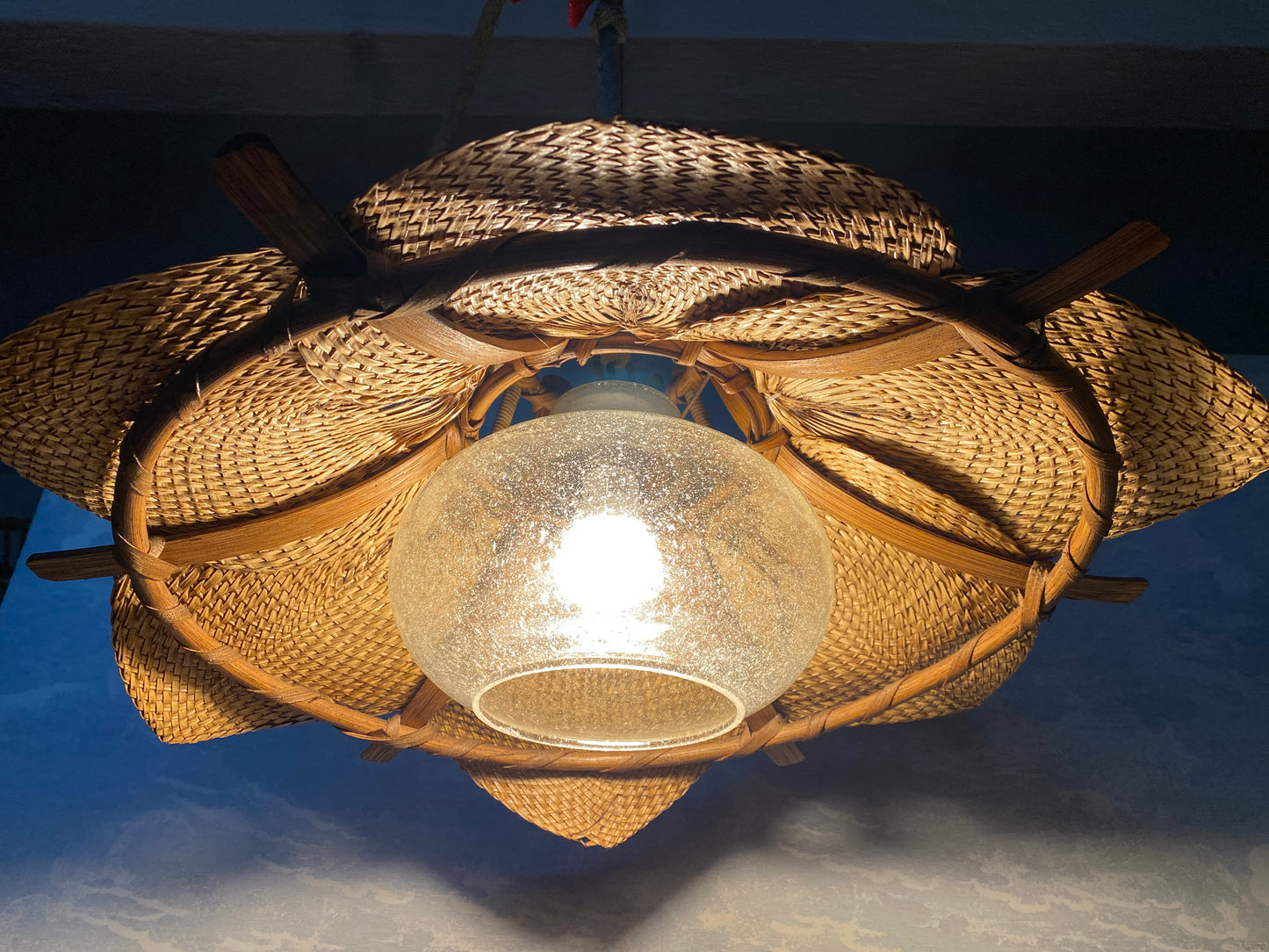 Woven Raffia Fan Pendant Lamp with Glass Shade, Germany, 1950s - possibly Ingo Maurer!