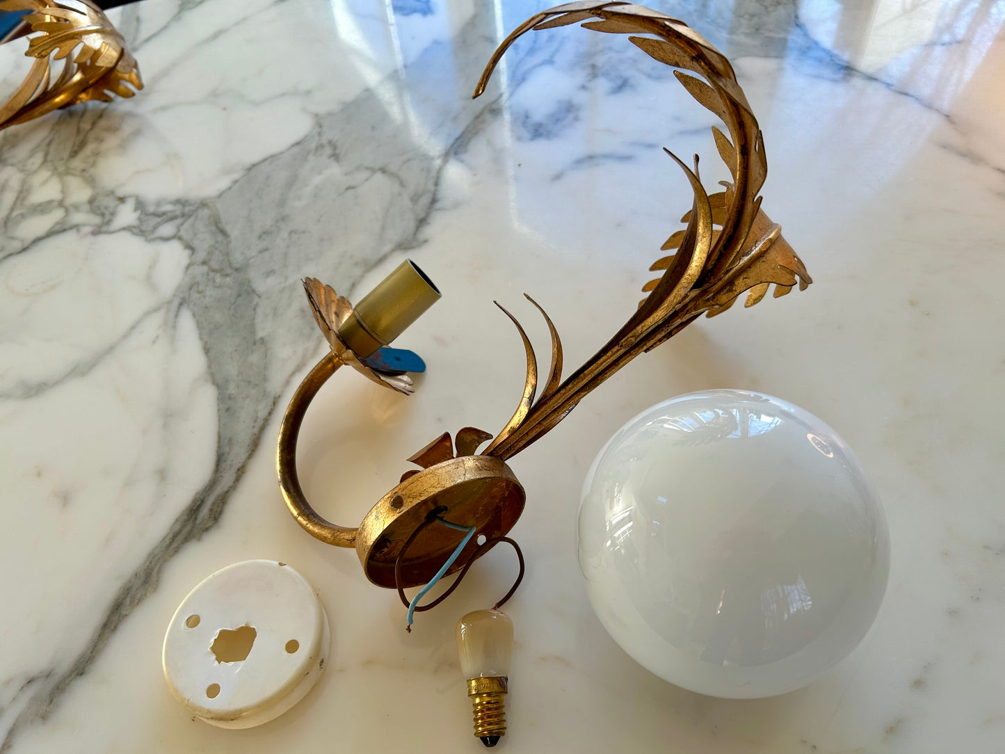 Pair of Hollywood Regency Palm Leaf Sconces with Opaque Globes by Hans Kögl, Germany, 1970s