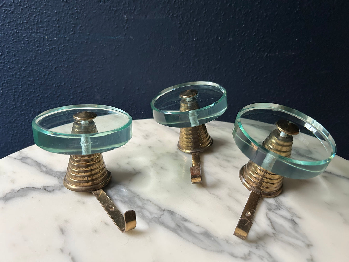 Set of 3 Fontana Arte Coat Hooks (Round) 1950s, Mid-Century Brass & Crystal