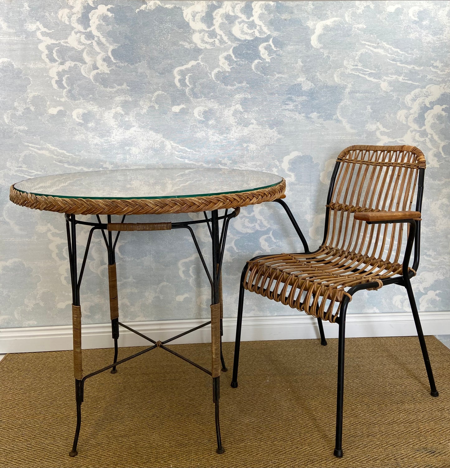 Art Deco Wicker Table with Glass Top, Germany, ca. 1920