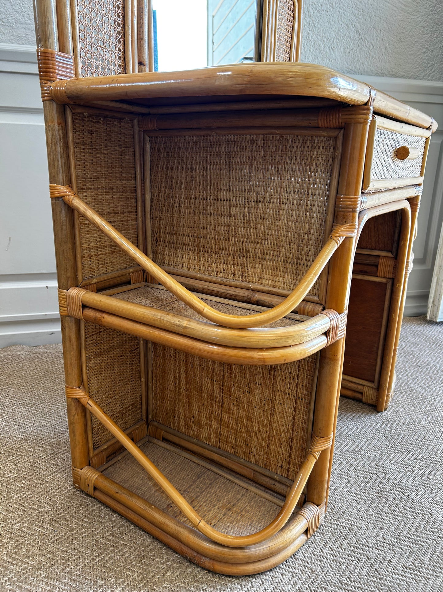 Bamboo and Rattan Vanity / Dressing Table with Drawer and Mirror, 1970's Mid-century Modern