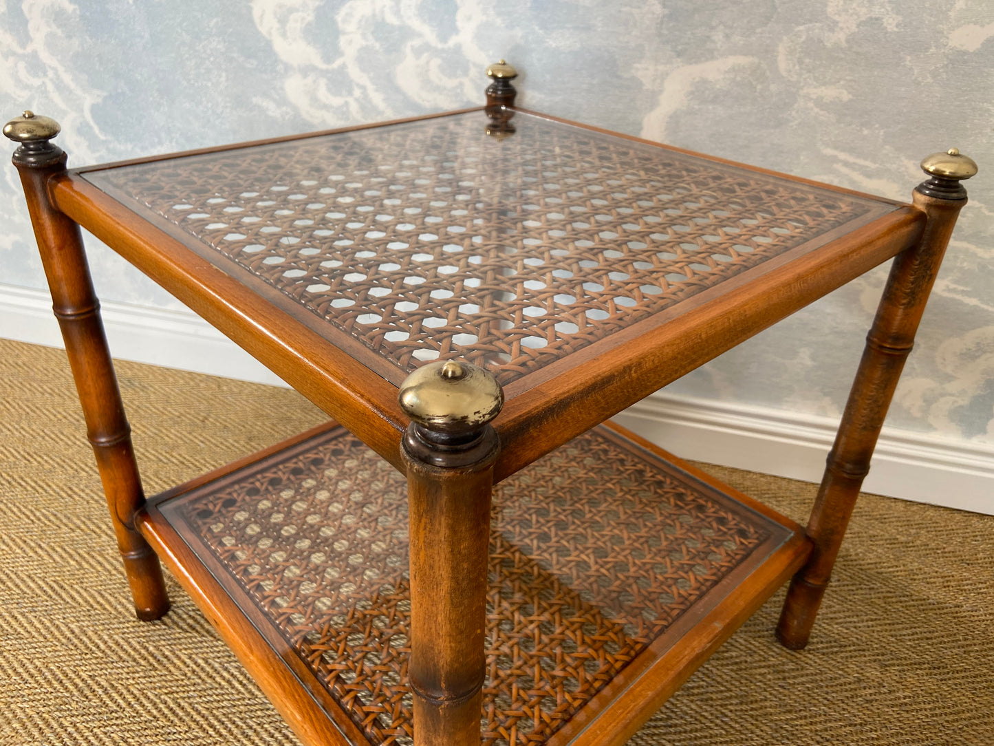 Faux Bamboo Side Table with Viennese Braiding and Glass Tops, Austria, 1960s