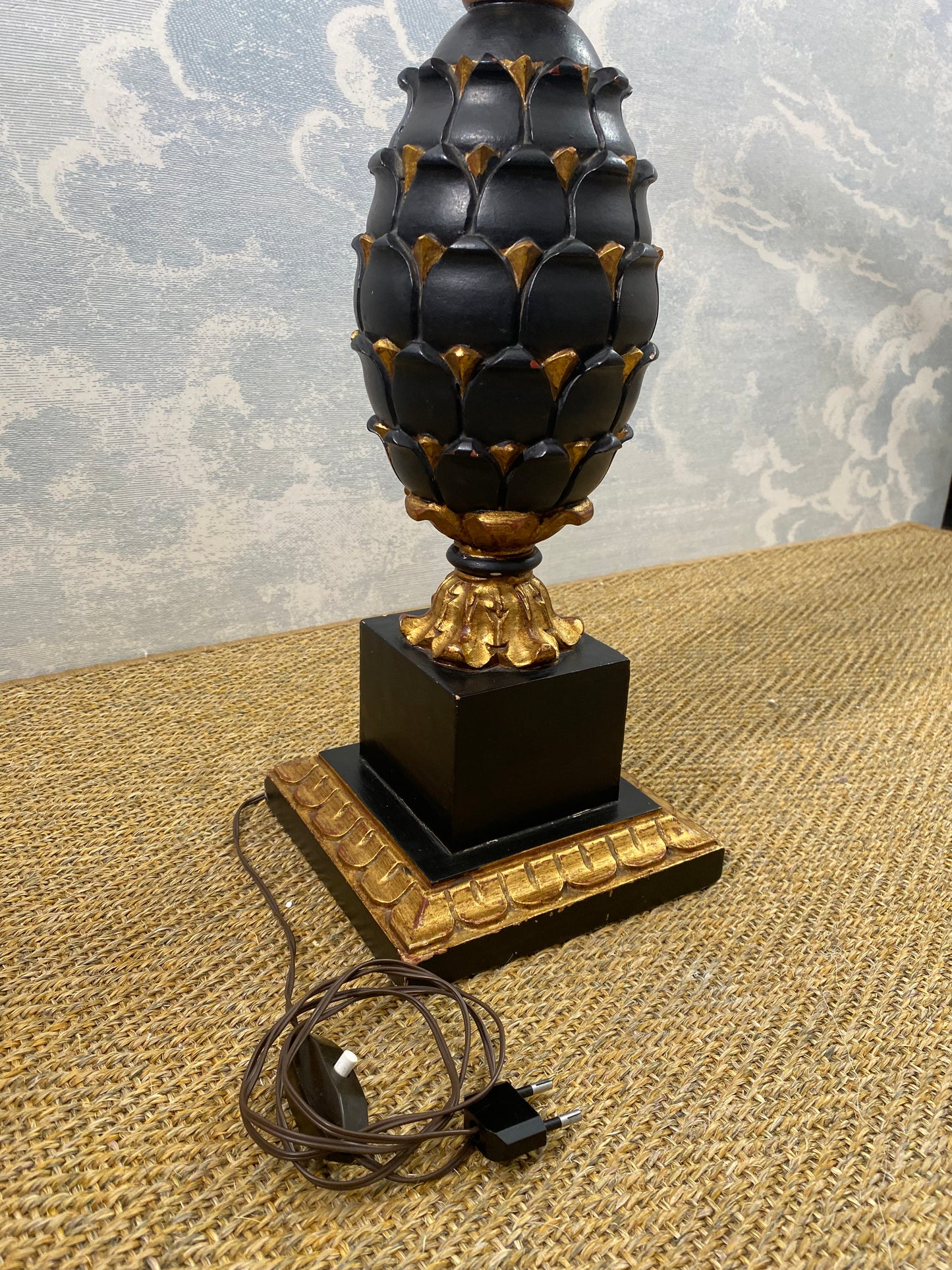 Large Carved Wood Pineapple Table Lamp in Black and Gold, France, early 20th Century