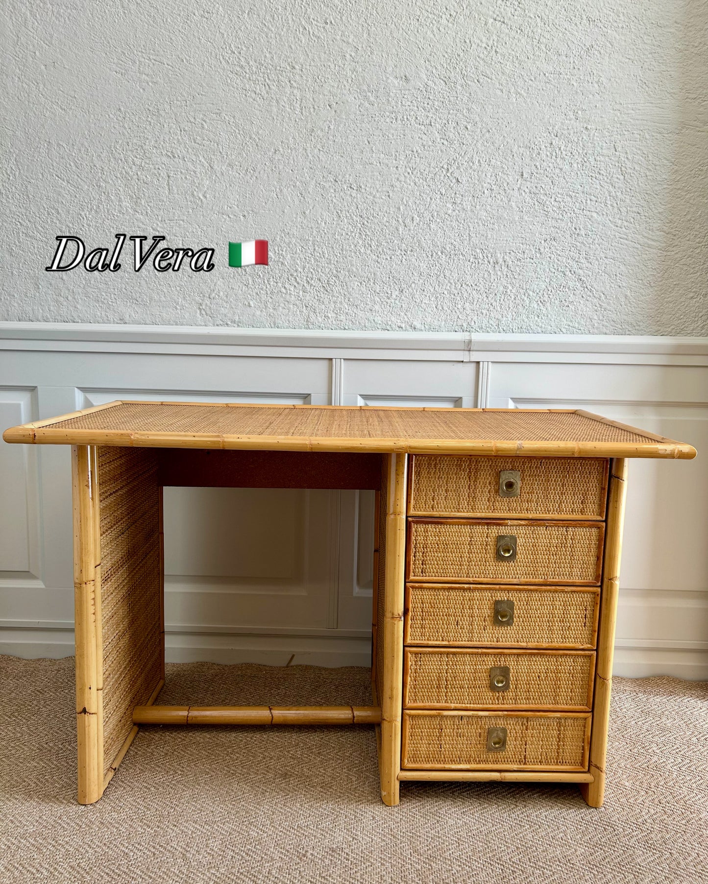 Bamboo & Rattan Wicker Desk with 5 Drawers by Dal Vera, Italy, 1970's