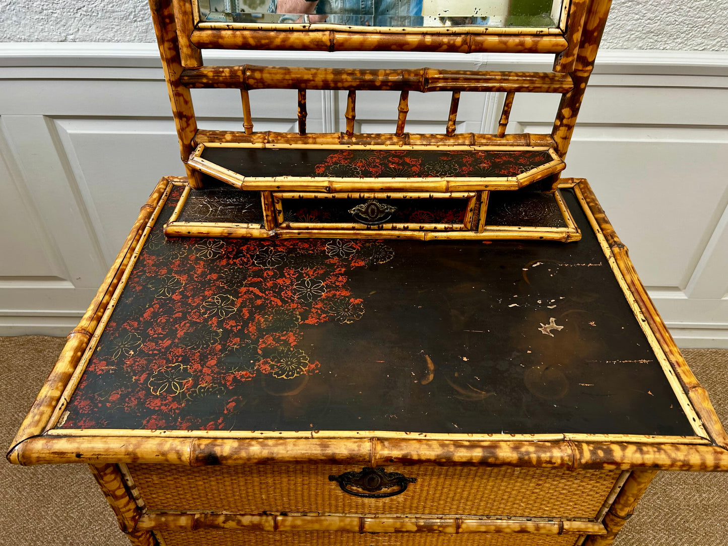 Victorian Tiger Bamboo, Cane & Chinoiserie Dressing Table With Drawers, England 1880's, Aesthetic Movement