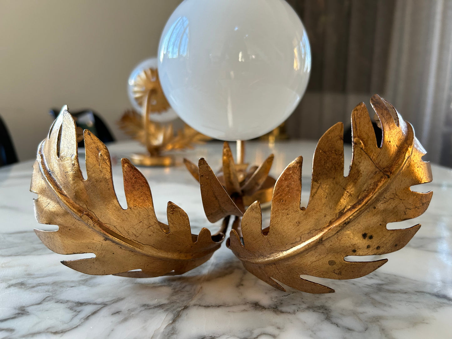 Pair of Hollywood Regency Palm Leaf Sconces with Opaque Globes by Hans Kögl, Germany, 1970s