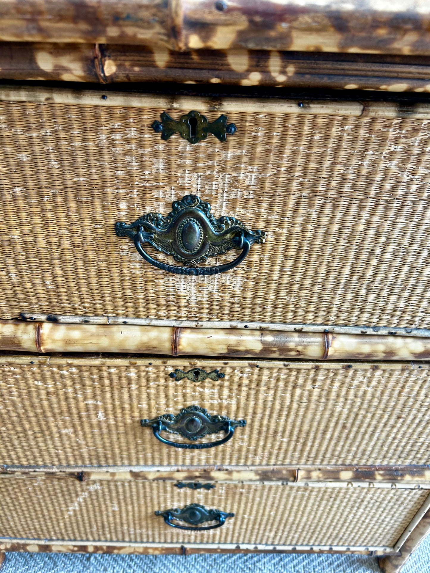 Victorian Tiger Bamboo, Cane & Chinoiserie Dressing Table With Drawers, England 1880's, Aesthetic Movement
