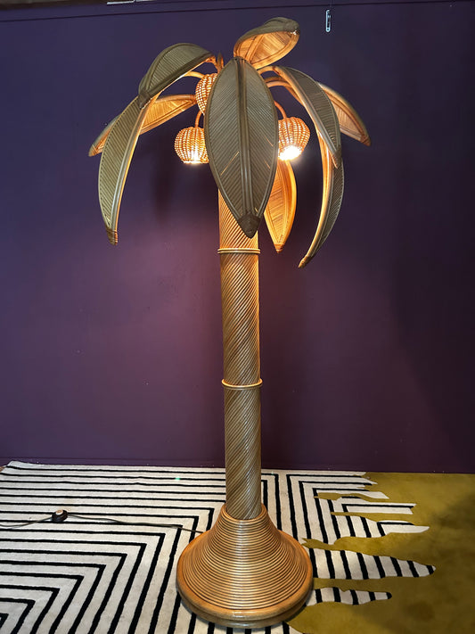 Very Large Bamboo and Rattan Palm Tree Floor Lamp, Mid-Century Modern