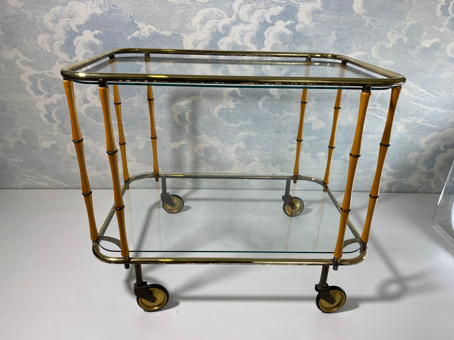 Bamboo Cocktail Trolley Bar Cart Attr. Maison Jansen, Vintage 60s Boho Midcentury Dry Bar