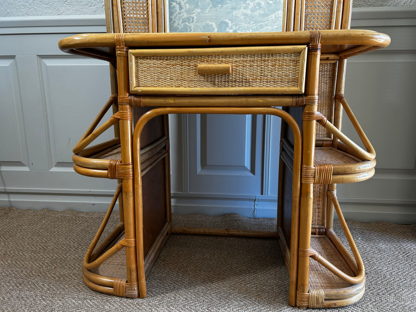 Bamboo and Rattan Vanity / Dressing Table with Drawer and Mirror, 1970's Mid-century Modern