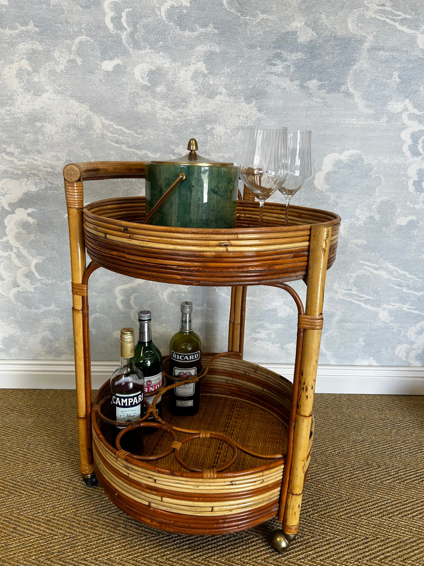 2-Tiered Round Bamboo Bar Cart in the Style of Vivai del Sud, Italy, 1960's