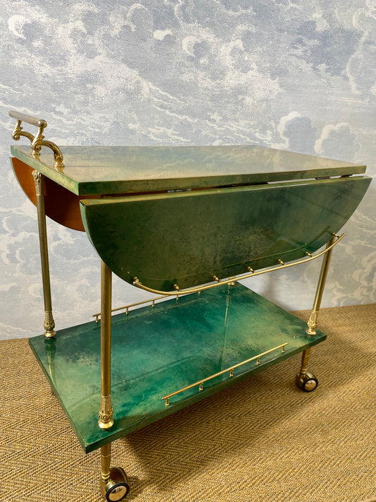 ALDO TURA Bar Cart in Green with Foldable Sides, Italy, 1960s