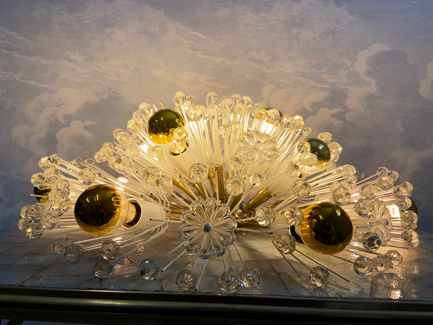 XL Stejnar Flush Mount Dandelion / Snowball Ceiling or Wall Light with Cut-Glass Crystals, Austria 1960s