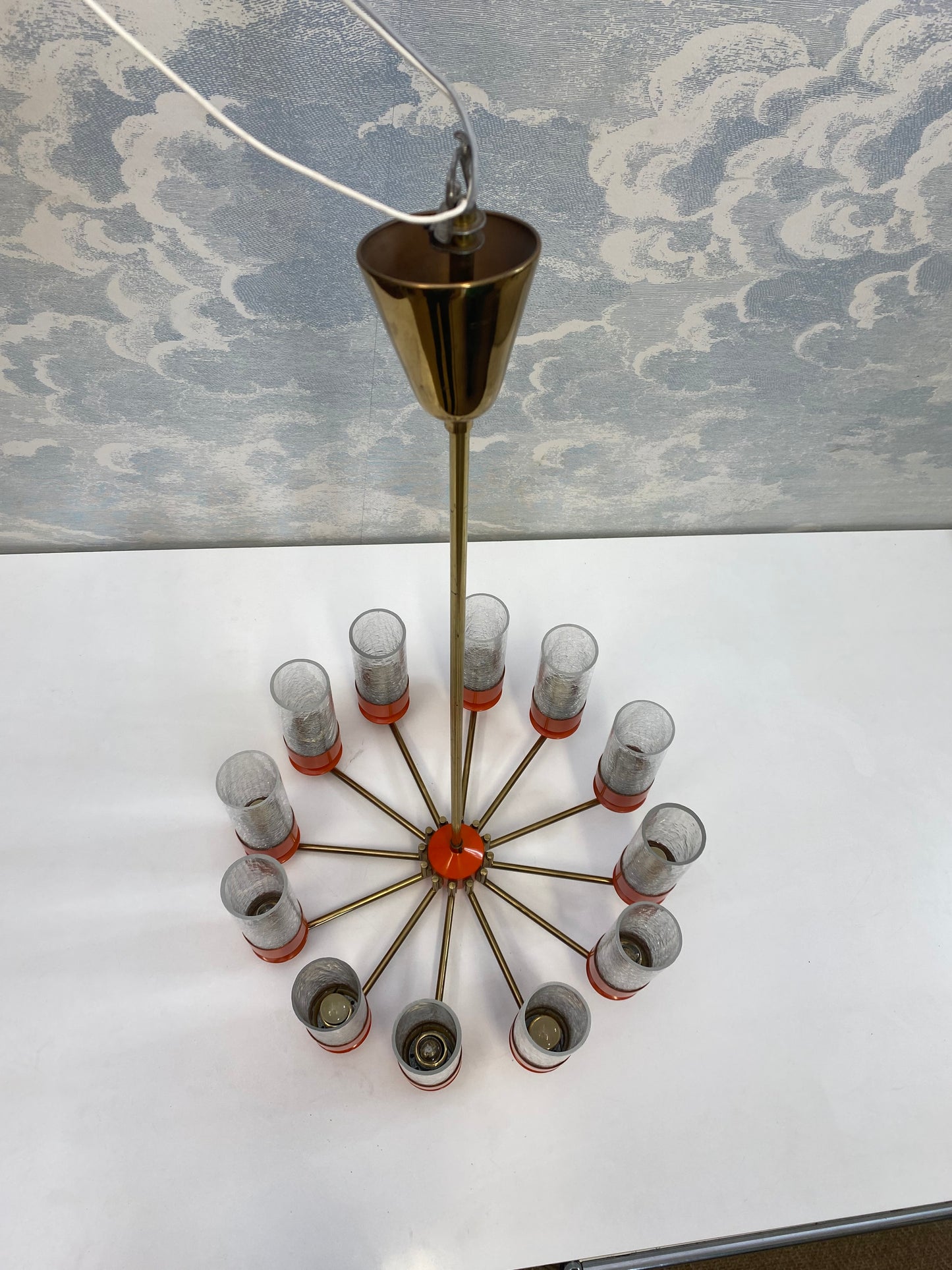 12-armed Chandelier With Ice Glass Shades And Brass Frame, Germany, 1970s