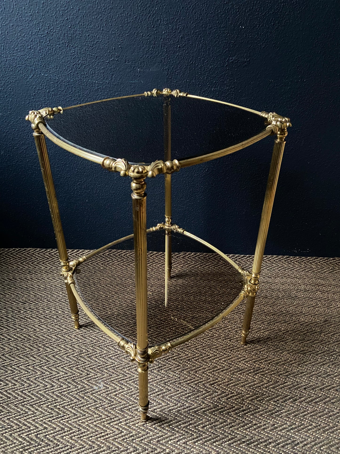 Petit Brass Side Table with Smoked Glass Shelves , Hollywood Regency