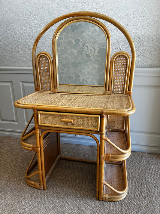 Bamboo and Rattan Vanity / Dressing Table with Drawer and Mirror, 1970's Mid-century Modern