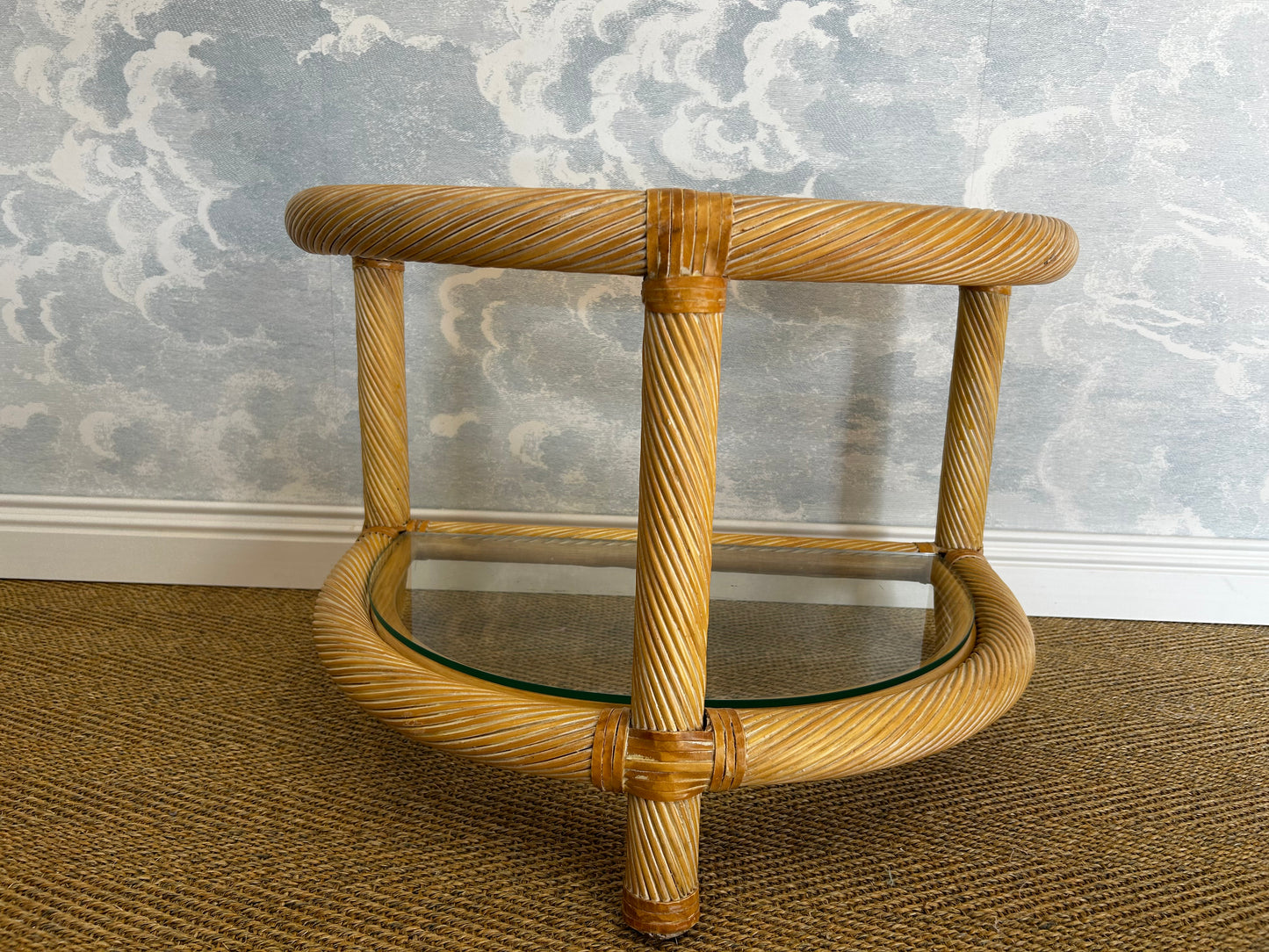 Two-Tiered Twisted Rattan Accent Table With Glass Shelves, 1970's